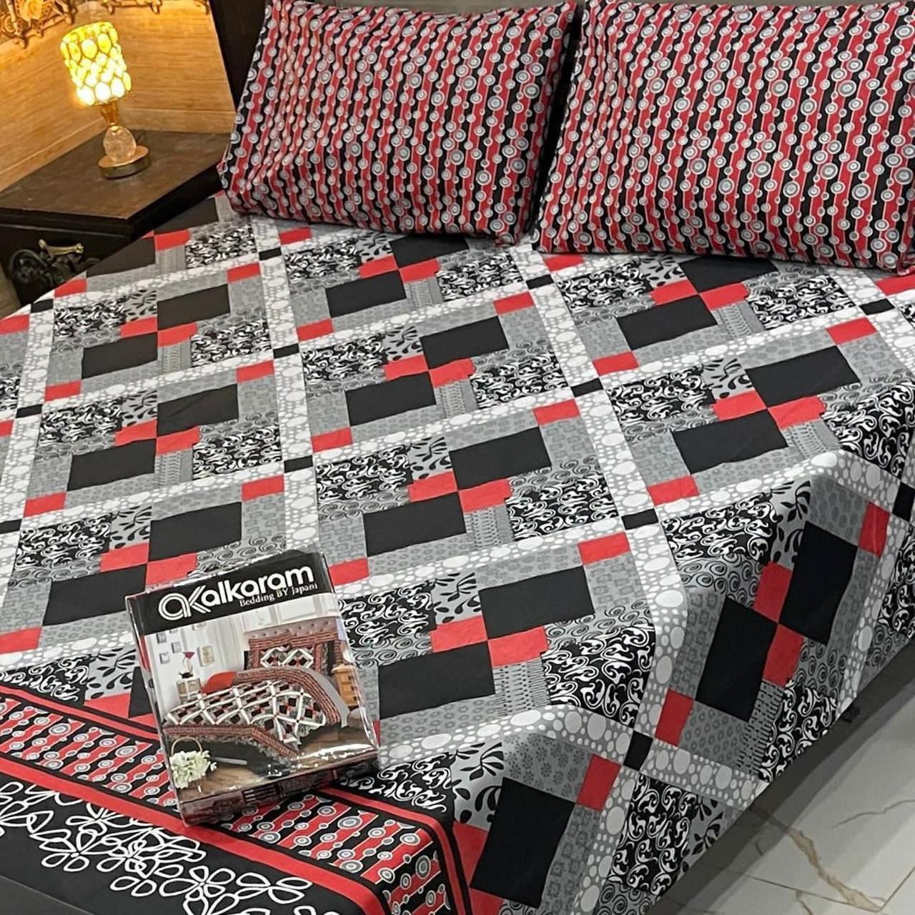 Black, Red & Grey Geometric Mixed Cotton Bedsheet – Riwaj Collection