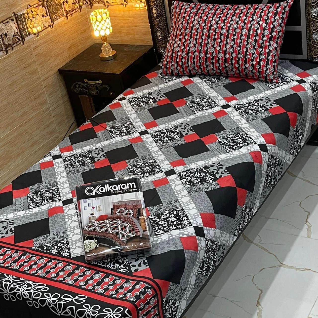 Black, Red & Grey Geometric Mixed Cotton Bedsheet – Riwaj Collection