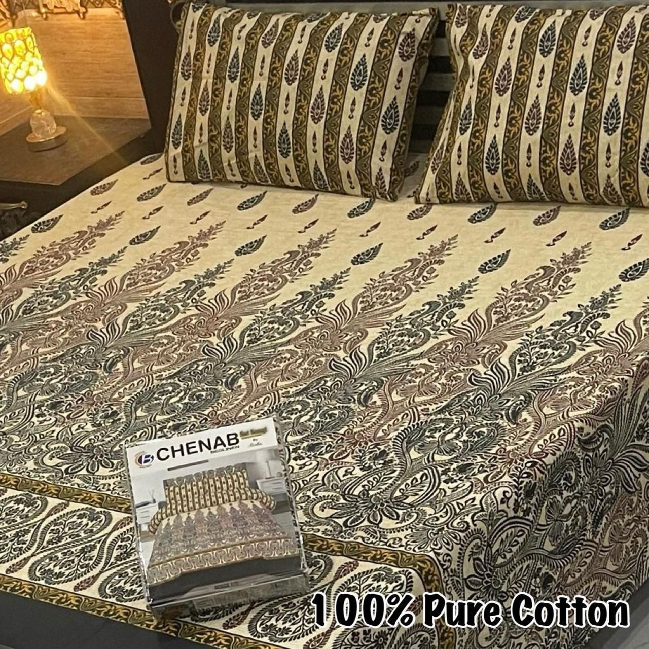 Elegant Chenab 100% Pure Cotton Bedsheet – Traditional Beige & Black Design