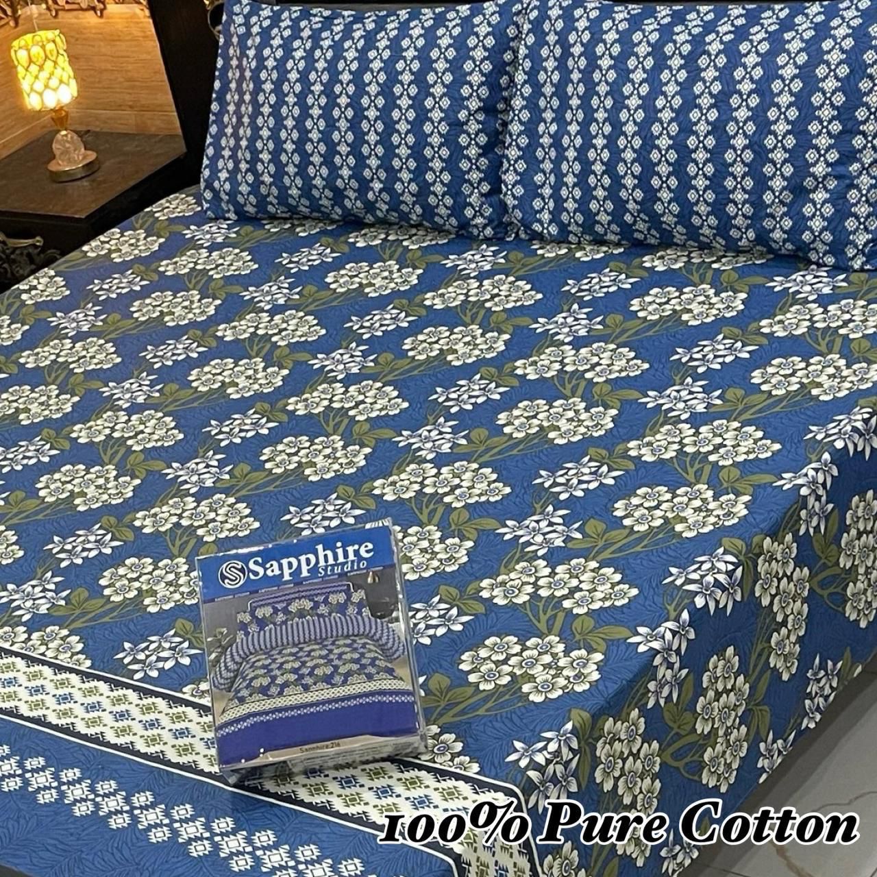 Elegant Blue Floral Cotton Bedsheet – Sapphire Studio