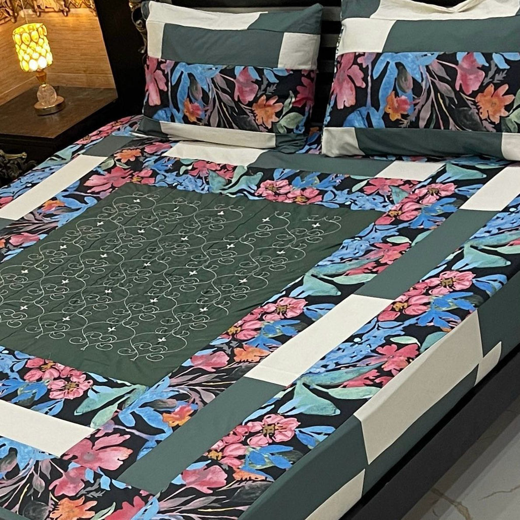 Deep Green & Floral Cotton Bedsheet – Nature’s Serenity