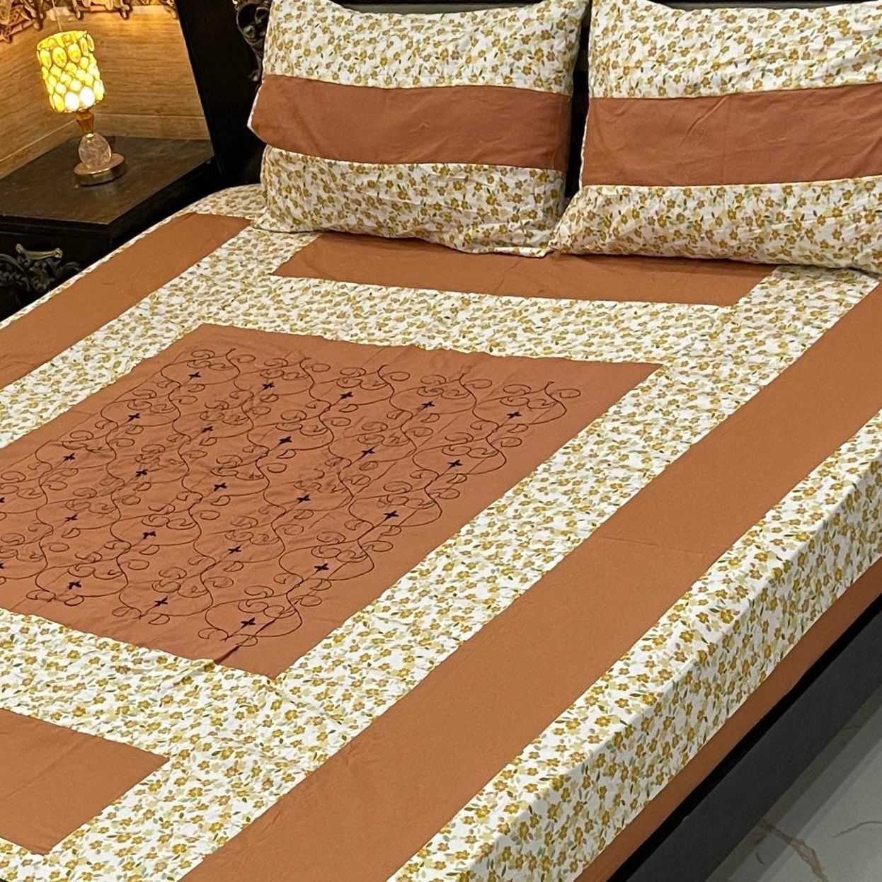 Warm Brown & Floral Cotton Bedsheet – Cozy Elegance