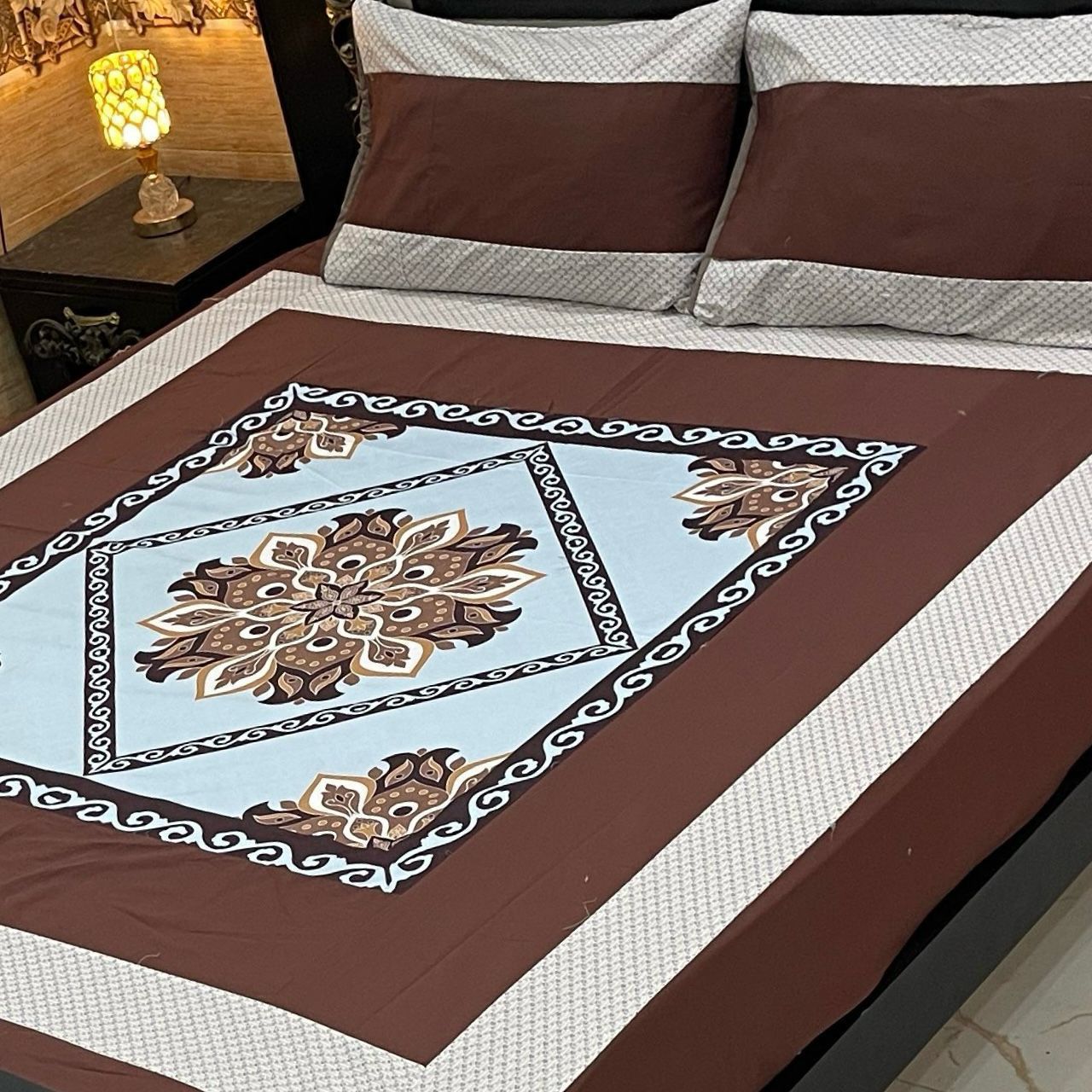 Luxurious Brown & Sky Blue Cotton Bedsheet – Royal Floral Design