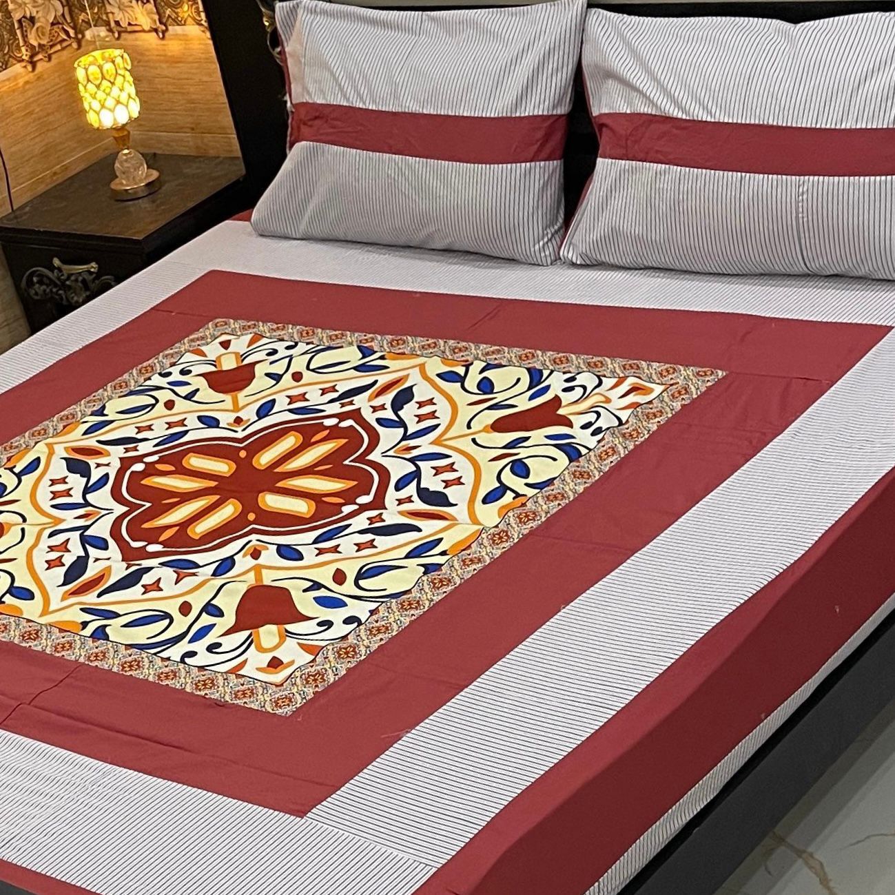 Elegant Maroon & White Cotton Bedsheet – Royal Medallion Design