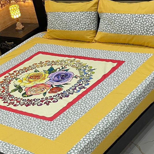 Sunshine Yellow Floral Panel Bedsheet – Vibrant & Elegant