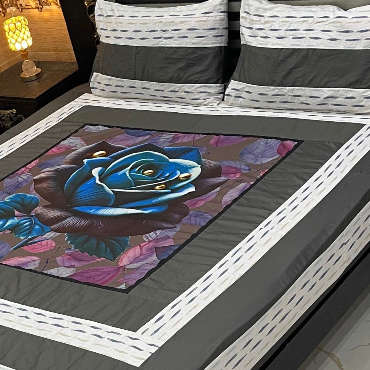 Midnight Blue Rose Panel Bedsheet – Elegant &amp; Bold