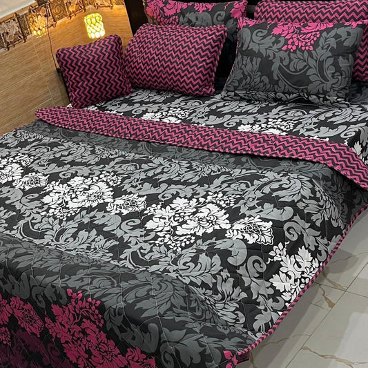 7-Piece Luxurious Printed Comforter Set – Elegant Black & Pink