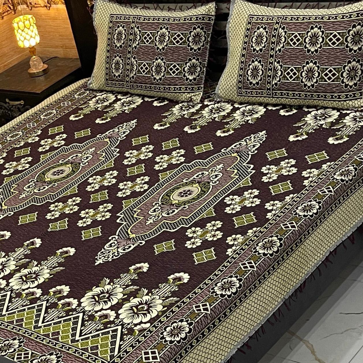 Elegant Brown & Blue Floral Multani Bedsheet – Riwaj Collection