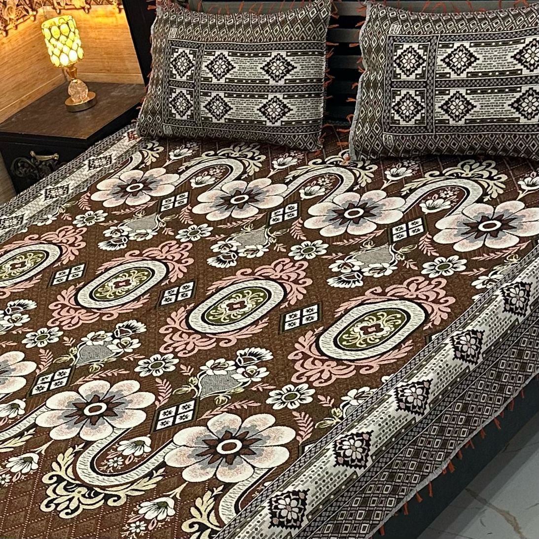 Elegant Brown & Blue Floral Multani Bedsheet – Riwaj Collection