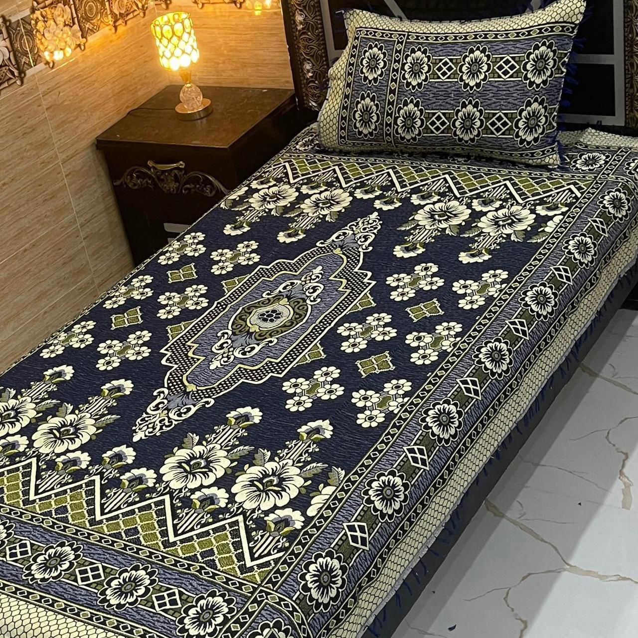 Elegant Brown & Blue Floral Multani Bedsheet – Riwaj Collection