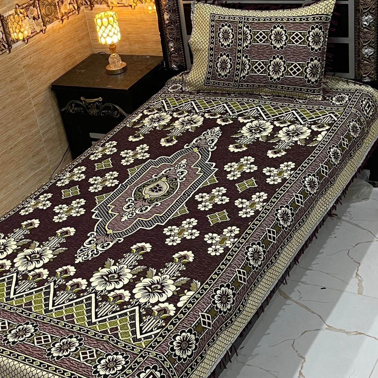 Elegant Brown & Blue Floral Multani Bedsheet – Riwaj Collection